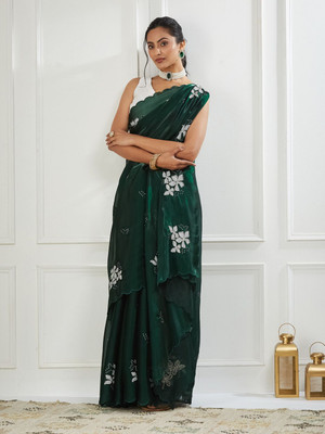 FABMORA Embellished, Embroidered Bollywood Jimmy choo, Chiffon Saree(Dark Green)