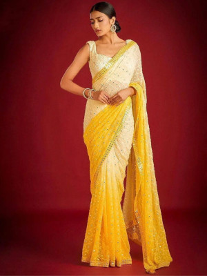 odette Embroidered Saree with Attached Blouse Georgette Saree(Yellow)