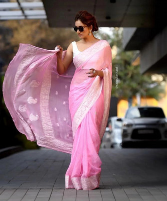 HouseOfCommon Woven, Embellished Banarasi Linen, Pure Cotton Saree(Pink)