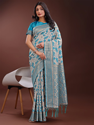 Tasrika Woven Kanjivaram Cotton Linen Saree(White, Blue)