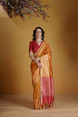 SHREEKHODIYARST Printed Handloom Jacquard, Art Silk Saree(Orange)