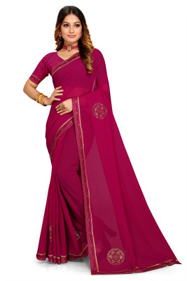 Ranagtrang Embellished, Solid/Plain Saree with Attached Blouse Georgette Saree(Maroon)