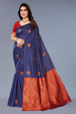 Aadvika Woven, Self Design, Embellished Banarasi Pure Silk Saree(Dark Blue, Red)