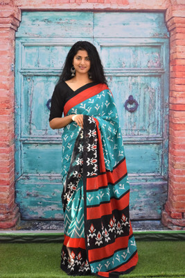 Clothonus Blocked Printed, Hand Painted, Printed, Self Design, Graphic Print Ikkat Pure Cotton Saree(Green)