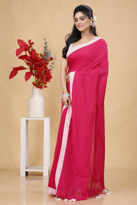 Sampa Das Solid/Plain Handloom Pure Cotton Saree(Pink)