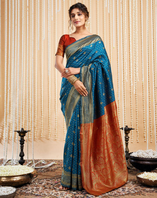 SIRIL Embellished, Self Design, Woven Kanjivaram Silk Blend, Jacquard Saree(Blue, Red)