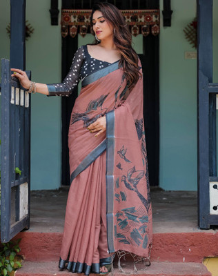 Tasrika Floral Print, Printed, Embellished Bollywood Linen Saree(Brown, Black)