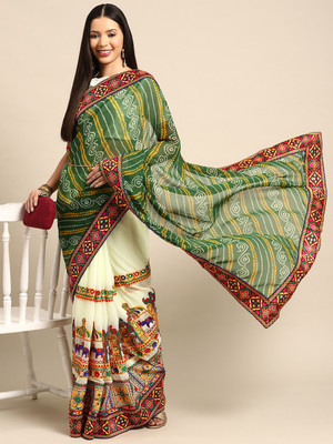 Tasrika Printed, Color Block Bandhani Georgette Saree(Multicolor)