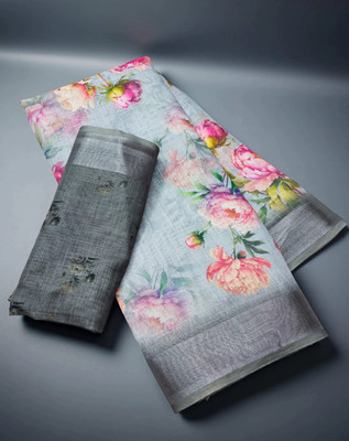 Myraani Floral Print Daily Wear Cotton Linen Saree(Grey)