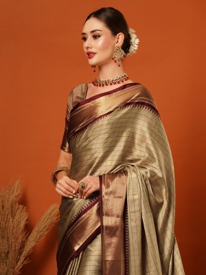 yourwish Woven, Checkered, Self Design, Embellished Dharmavaram Cotton Silk, Jacquard Saree(Beige, Maroon, Gold)