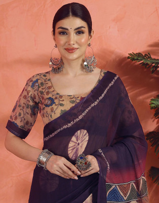 Samah Printed Daily Wear Linen Saree(Purple, Beige)