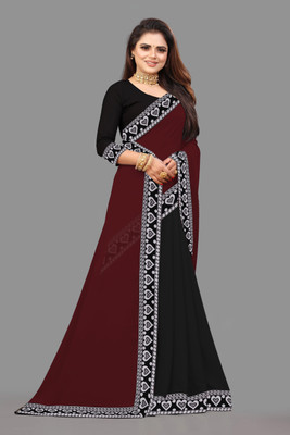 Jevlan Solid/Plain, Embroidered Bollywood Georgette Saree(Maroon, Black)