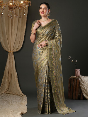 Sareemall Printed Banarasi Organza Saree(Grey)
