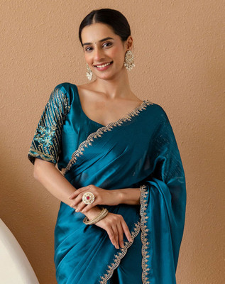 Satrani Solid/Plain, Embroidered Bollywood Silk Blend Saree(Blue)
