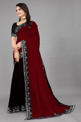 Aai shree khodiyar Self Design Bollywood Georgette, Chiffon Saree(Maroon, Black)