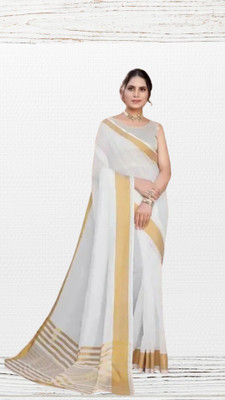 ShriSaree Striped Bollywood Pure Cotton Saree(White)