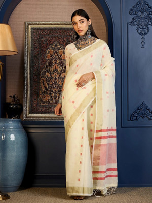 Vichitra Woven, Self Design Handloom Pure Cotton, Jacquard Saree(White)