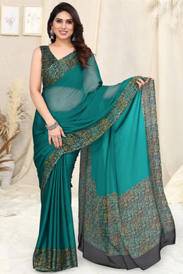 MIRCHI FASHION Solid/Plain Daily Wear Chiffon, Georgette Saree(Green, Black)