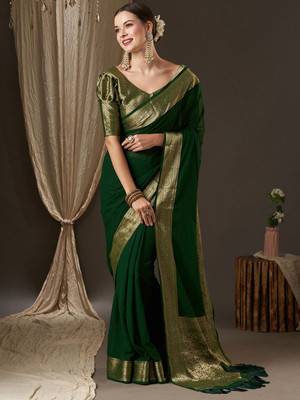 ANOUK Solid/Plain Kanjivaram Pure Cotton Saree(Green)