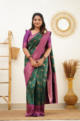 Handsel Woven Banarasi Jacquard, Silk Blend Saree(Green)