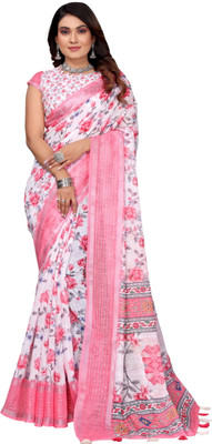 Shreeji Designer Digital Print Bollywood Cotton Linen Saree(Pink, White)