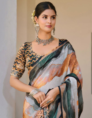 Samah Floral Print, Printed, Embellished Daily Wear Cotton Linen Saree(Multicolor)