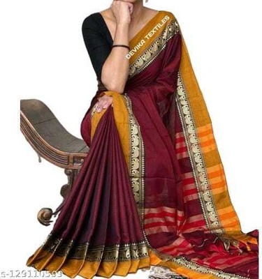 BongAp Printed, Solid/Plain Handloom Cotton Blend Saree(Maroon)
