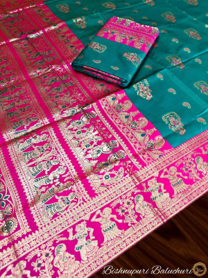 SONGITASAREE Woven Baluchari Silk Blend Saree(Blue, Pink)