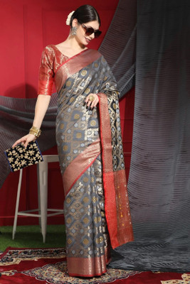 M.S.RETAIL Woven Patola Silk Blend Saree(Grey)