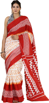 hastshilpi Printed, Color Block, Blocked Printed, Floral Print, Dyed Daily Wear Pure Cotton Saree(Red)