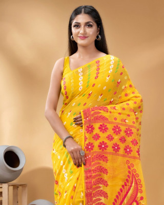 Desh Bidesh Woven, Solid/Plain, Self Design Jamdani Handloom Cotton Blend, Pure Cotton Saree(Yellow)