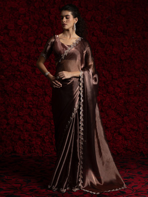 Sareemall Embellished Bollywood Tissue Saree(Brown)