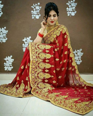 Radheradhey Embroidered, Floral Print Bollywood Georgette Saree(Maroon)