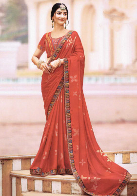 Aruma Floral Print Bollywood Linen Saree(Red)