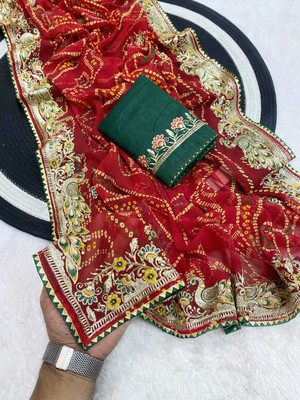 Kstabhanjan Embroidered, Printed Bandhani Georgette Saree(Green)
