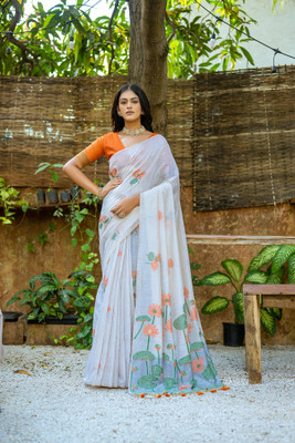PeachPetals Printed, Floral Print Daily Wear Cotton Silk Saree(Orange)