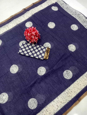 HouseOfCommon Printed Kanjivaram Linen, Cotton Linen Saree(Dark Blue)