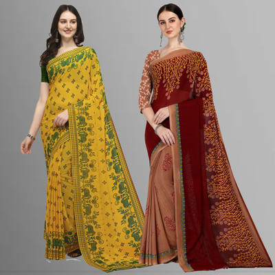 Anand Sarees Floral Print Daily Wear Georgette Saree(Pack of 2, Maroon, Yellow)