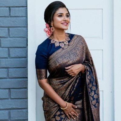 Rudr Venture Self Design Banarasi Cotton Silk Saree(Dark Blue)