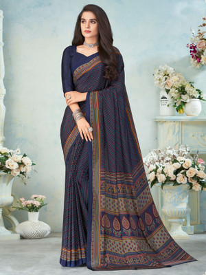 Divastri Printed Kalamkari Crepe Saree(Dark Blue)