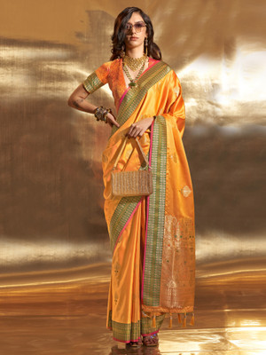 Divastri Woven Bollywood Satin, Silk Blend Saree(Yellow)