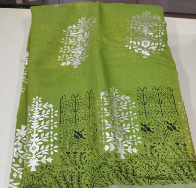 Vinmara Floral Print Banarasi Cotton Blend Saree(Green)