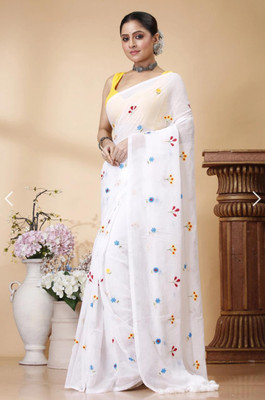 Sudi Creation Solid/Plain Saree with Attached Blouse Handloom Cotton Blend Saree(White)