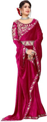 Dream Crushers Embroidered Bollywood Velvet Saree(Pink)