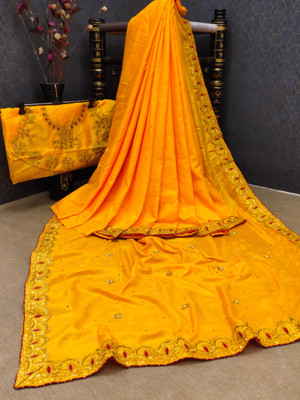 Vraj Textile Embroidered Chinnalapattu Pure Silk Saree(Mustard)