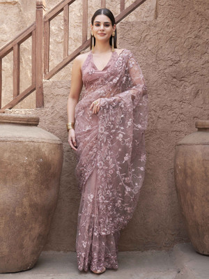 Tikhi Imli Embroidered Bollywood Net Saree(Pink)