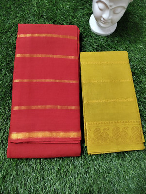 SUBHANKARA ENTERPRISES Striped, Woven, Tie-Dye Handloom Pure Cotton Saree(Pack of 2, Red, Yellow)