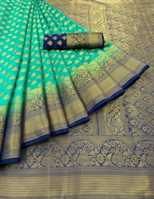 Samridh Sarees Woven Banarasi Cotton Silk Saree(Green, Blue)