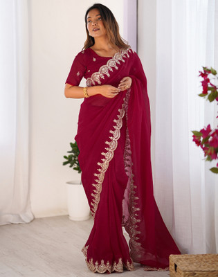 Satrani Embellished, Embroidered Bollywood Chiffon Saree(Red)