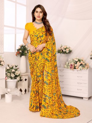 THE URBAN DIVA Printed Bollywood Georgette Saree(Yellow)